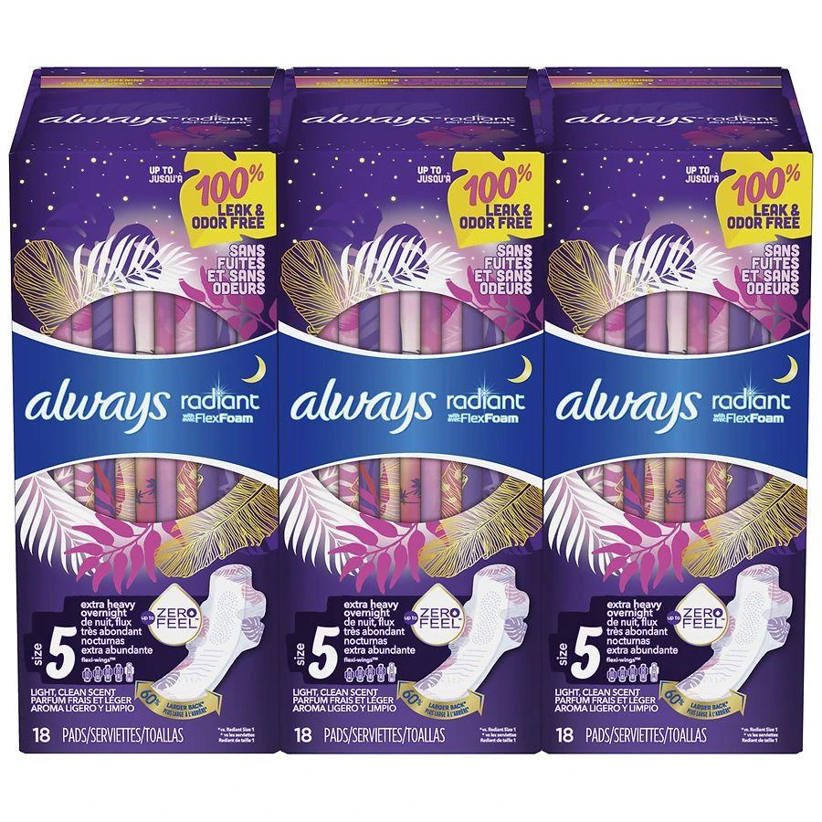Always Radiant Overnight Feminine Pads For Women, Extra Heavy, With Wings Light Clean, Size 5 (54 ct) 6