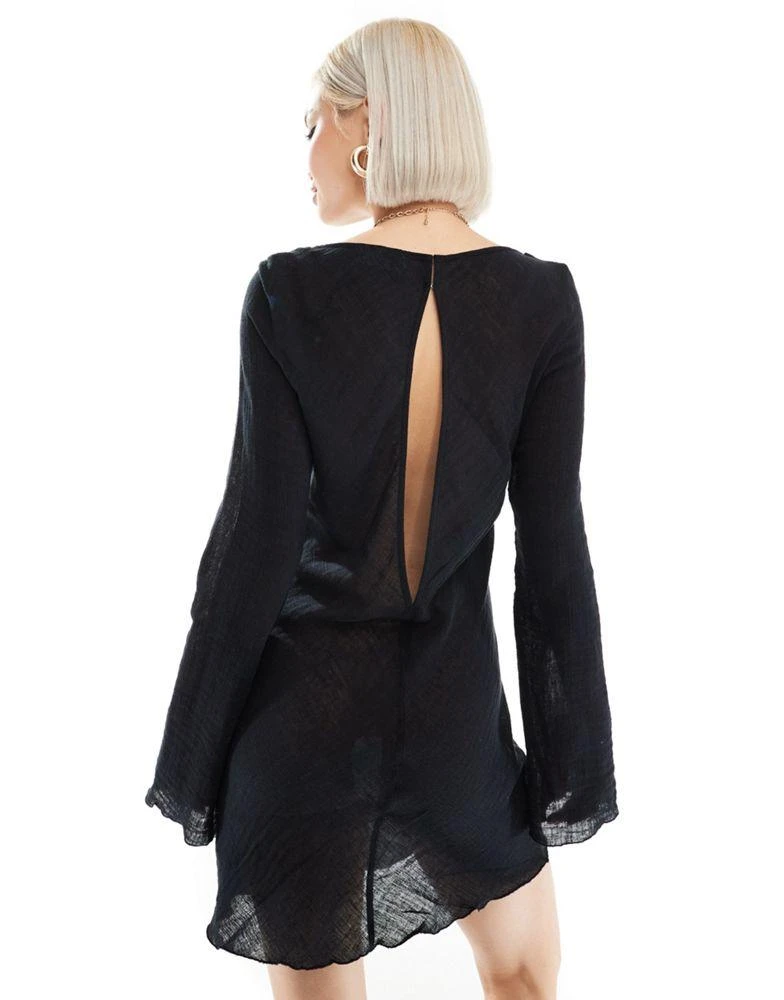 Weekday Weekday Ginko linen blend long sleeve mini dress in black 3