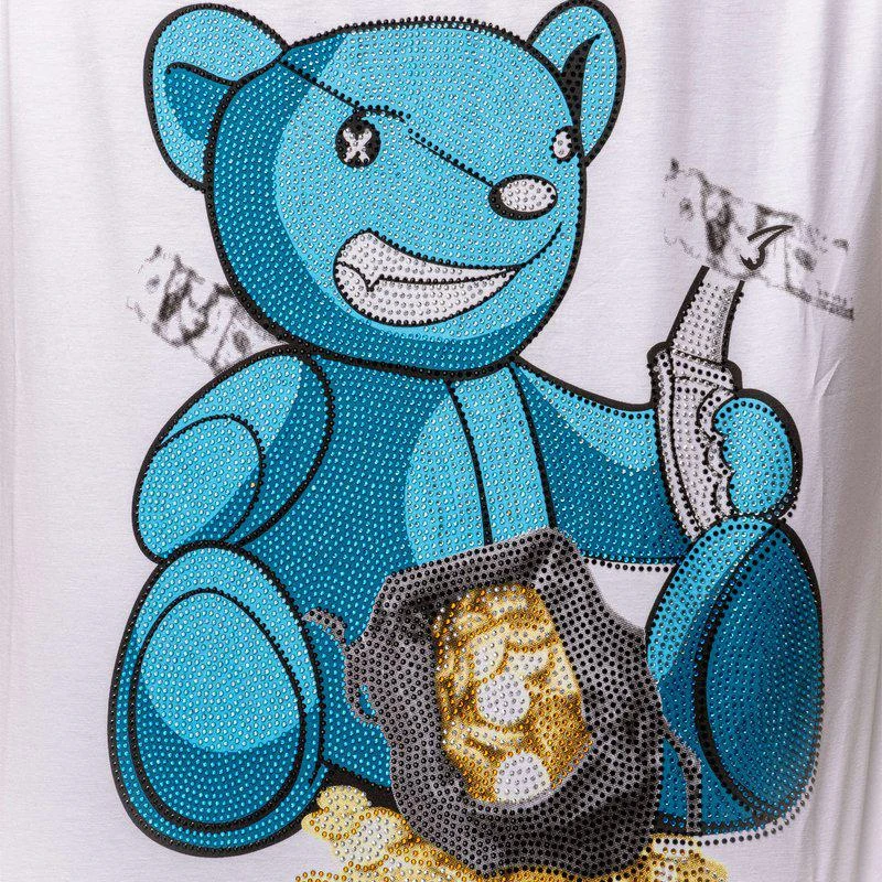 Heads Or Tails Slim Fit Crewneck Rhinestone Studded Graphic Printed T-Shirt Blue Bear With Money 2