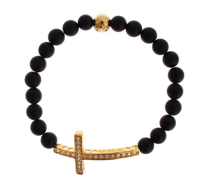 Nialaya Nialaya Matte Onyx Stone Gold CZ Cross 925 Silver Bracelet 1