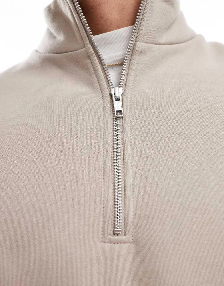 ASOS ASOS DESIGN premium heavyweight boxy oversized quarter zip sweatshirt 400gsm in beige 4