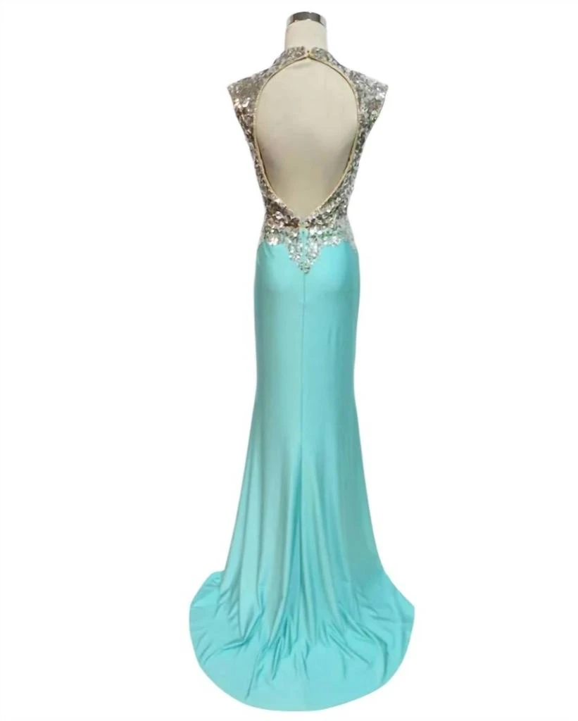 Mac Duggal Crystal And Sequins Embellished Jersey Prom Dress In Aqua/silver 2