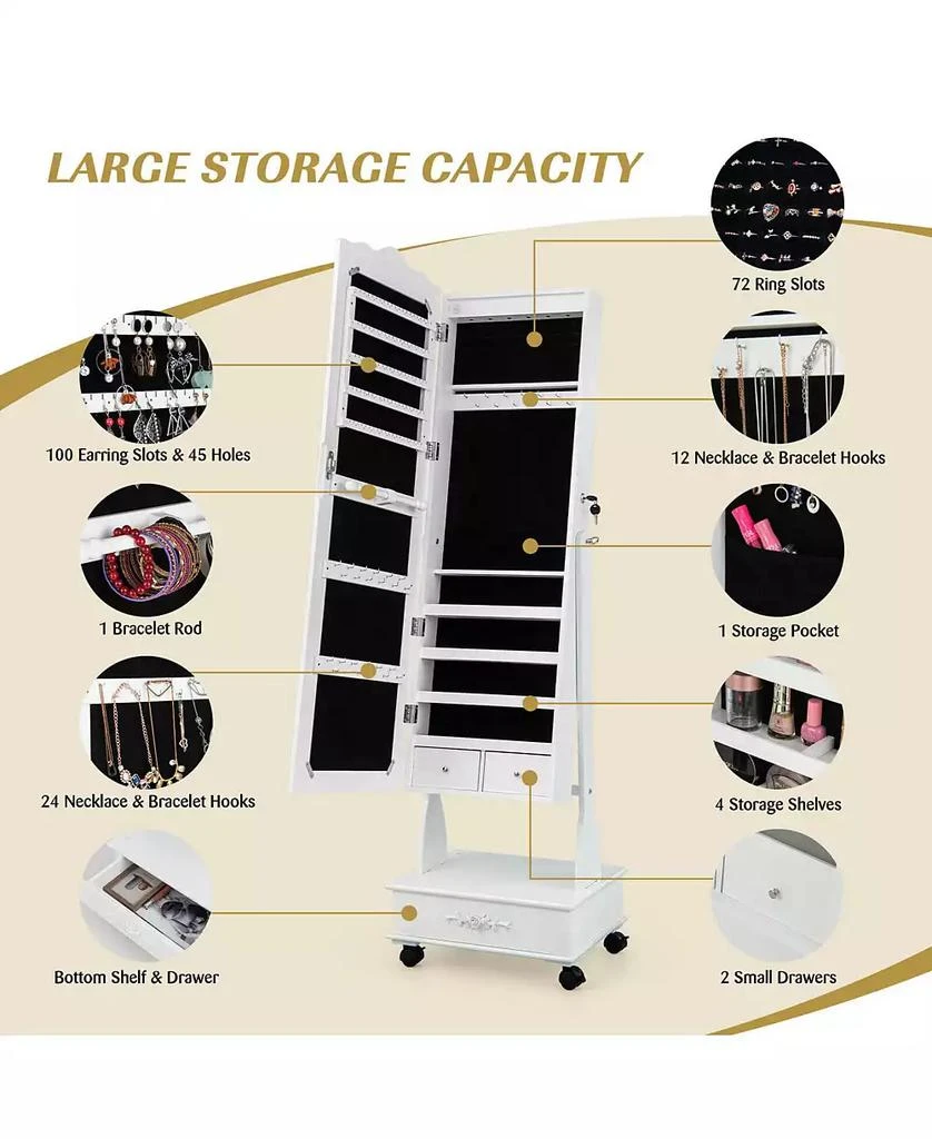 GOUUN Rolling Floor Standing Mirrored Jewelry Armoire with Lock and Drawers 2