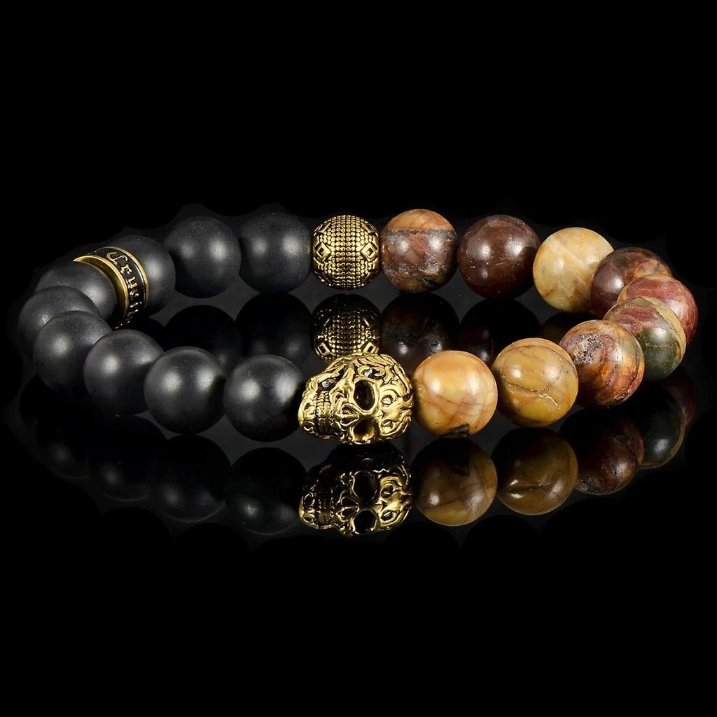 Crucible Jewelry Single Gold Skull Stretch Bracelet with 10mm Matte Black Onyx and Picasso Jasper Beads 4