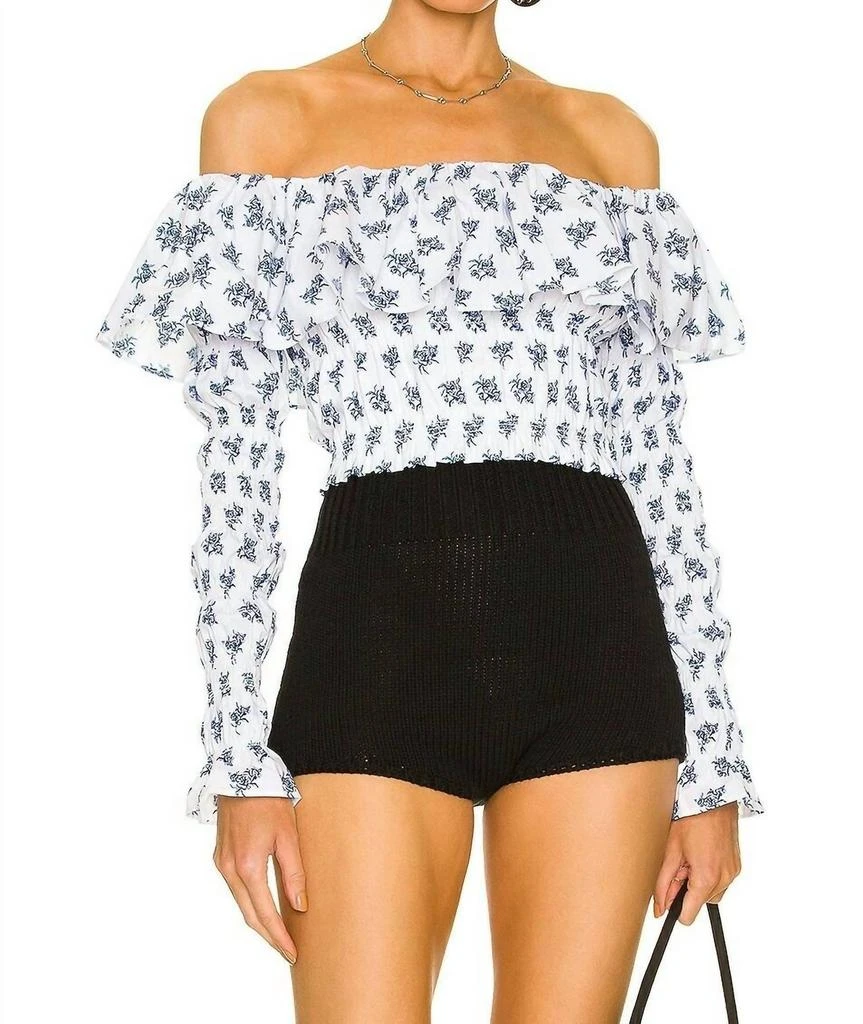 CAROLINE CONSTAS Floral Off Shoulder Long Sleeves Lydia Top In Blue Toile 1