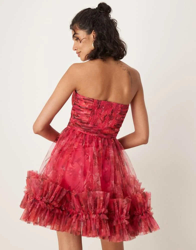 Lace & Beads ruffle hem sweetheart tulle mini dress in pink and red rose