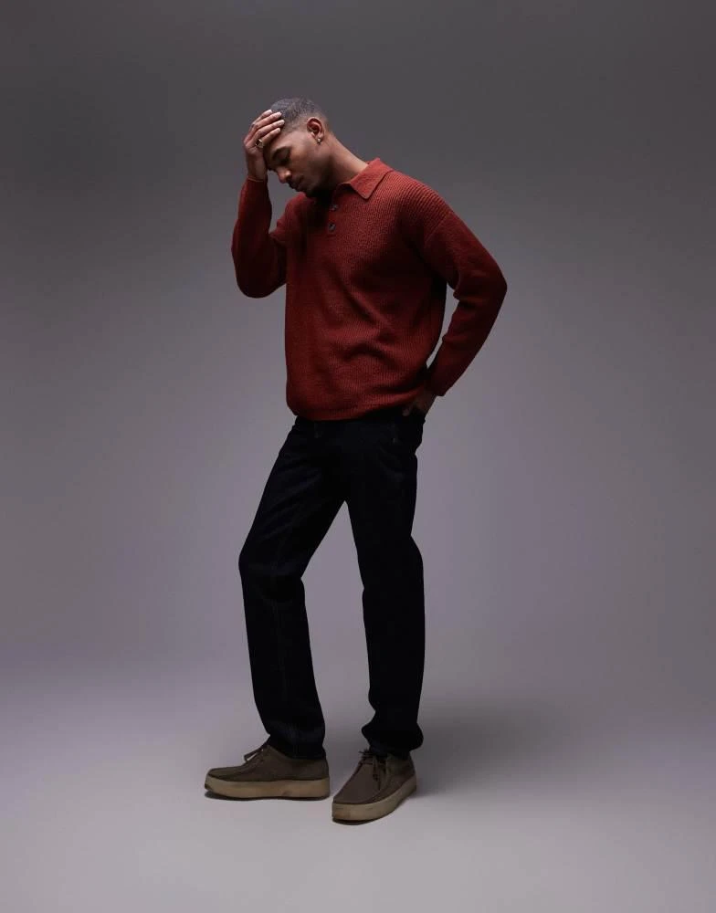 Topman Topman relaxed fit compact knit polo jumper in dark red 2