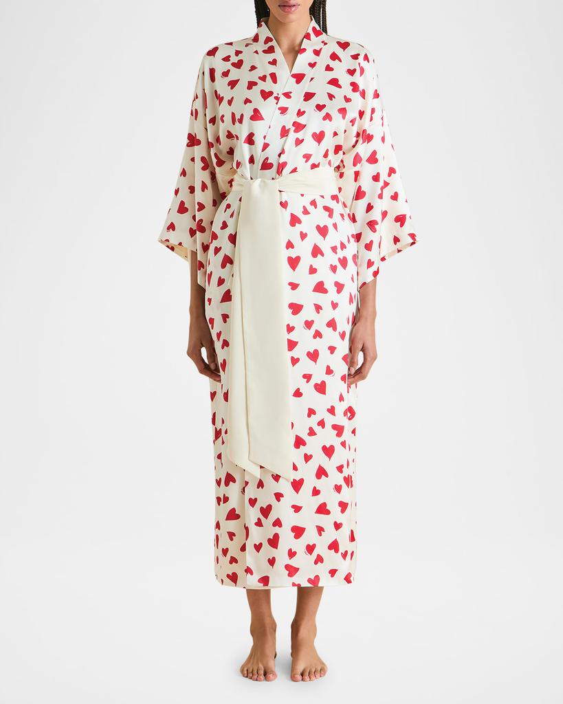 OLIVIA VON HALLE Queenie Heart-Print Silk Robe