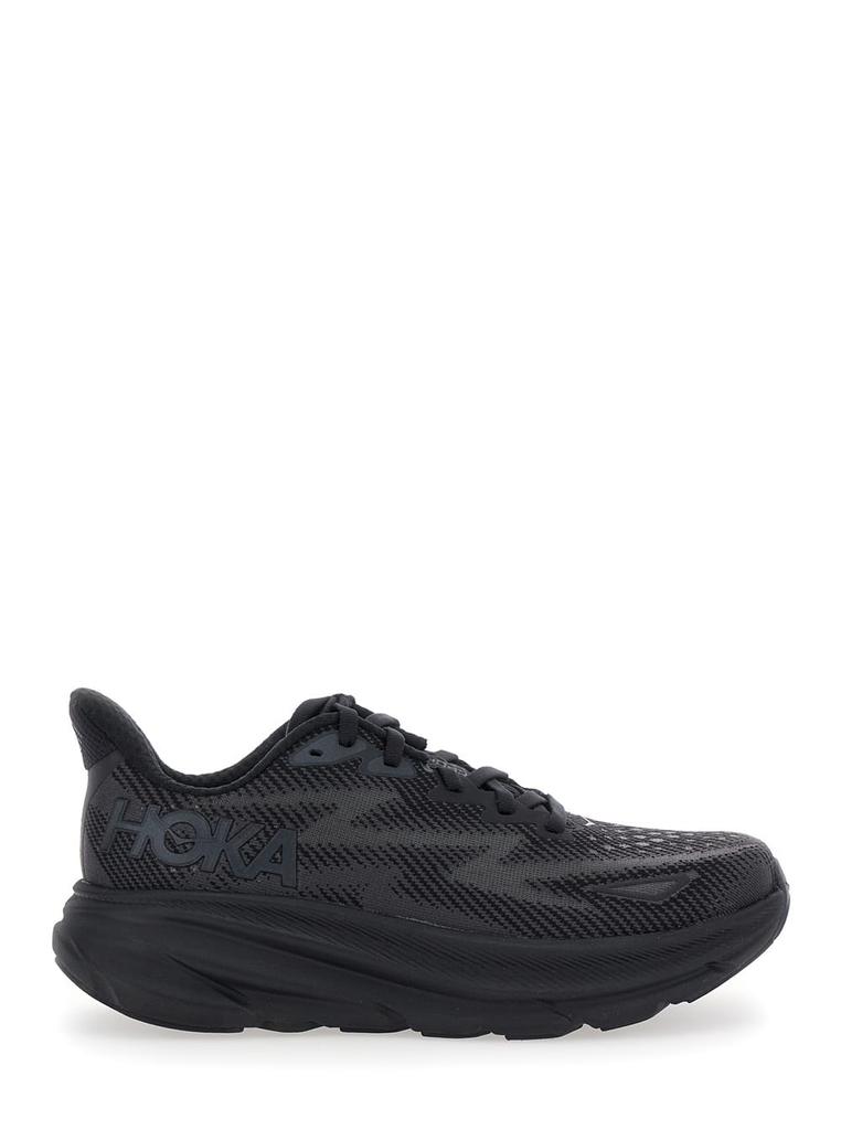 Hoka One One clifton 9 Black Sneakers With Zig Zag Embroidery And Side Logo Print In Rubber Unisex