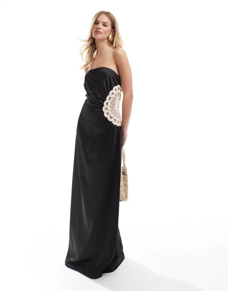 Shop 4th & Reckless satin bandeau crochet insert maxi dress in black on  Sale at BeyondStyle  Get 70% Off 4th & Reckless satin bandeau crochet  insert maxi dress in black with