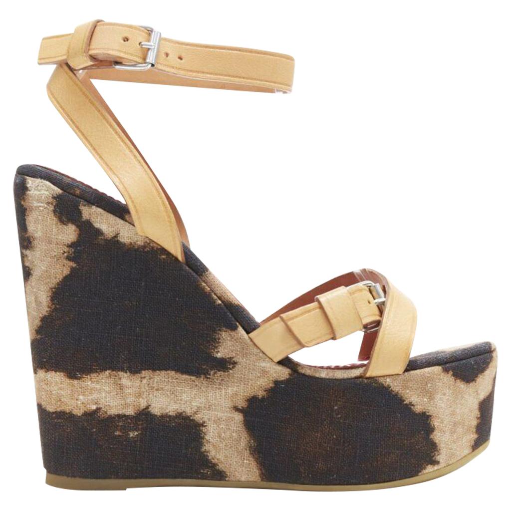 Giambattista Valli leoaprd spot print canvas tan strap wedge platfor