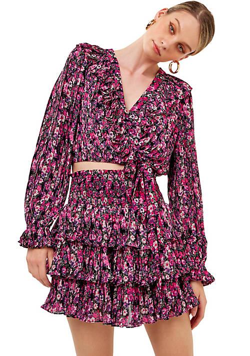 Endless Rose Rose Chiffon Floral Printed Ruffled Crop Top