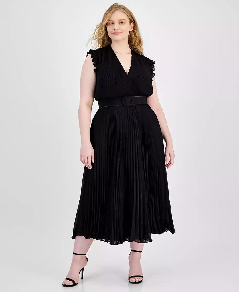 Taylor Plus Size Pleated Belted A-Line Dress