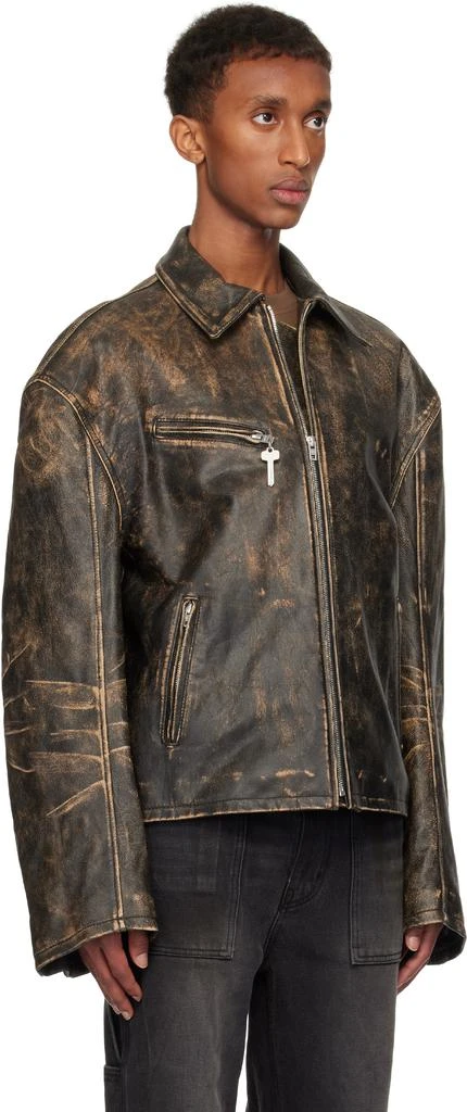 We11done Brown Vintage Effect Leather Biker Jacket 2