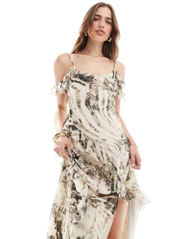 Mango Mango mixed animal bardot midi dress in grey 1
