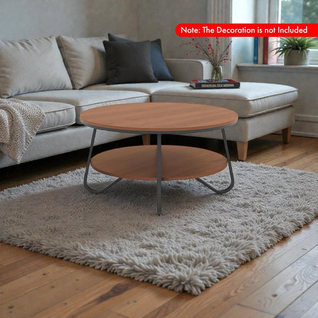 Hivvago Industrial Style Round Coffee Table with Wood-Look Top and Heavy Metal Support 2