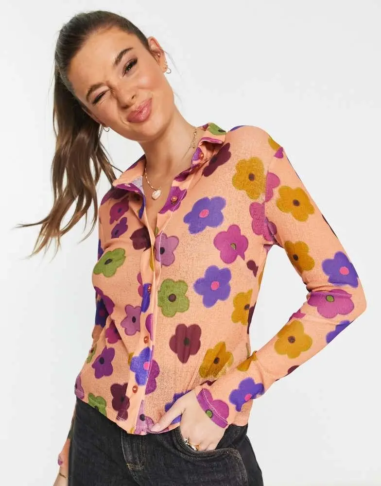 Topshop Topshop floral print mesh shirt in multi