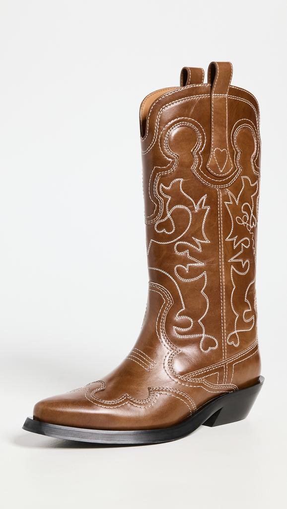 Ganni Mid Shaft Embroidered Western Boots - Shoes - Free
