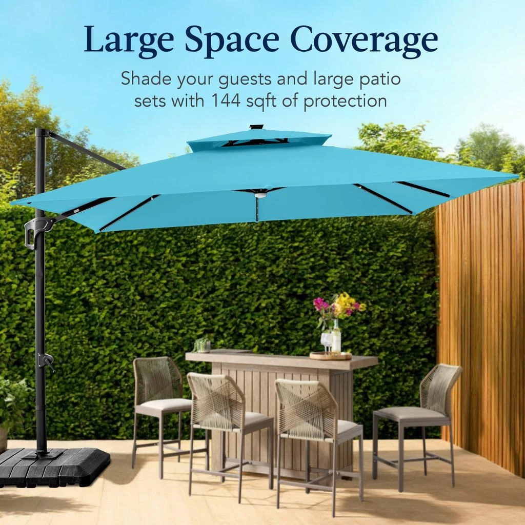 Best Choice Products 12x12ft 2-Tier Square Outdoor Solar LED Cantilever Umbrella w/ 360-Rotating Base  – 4