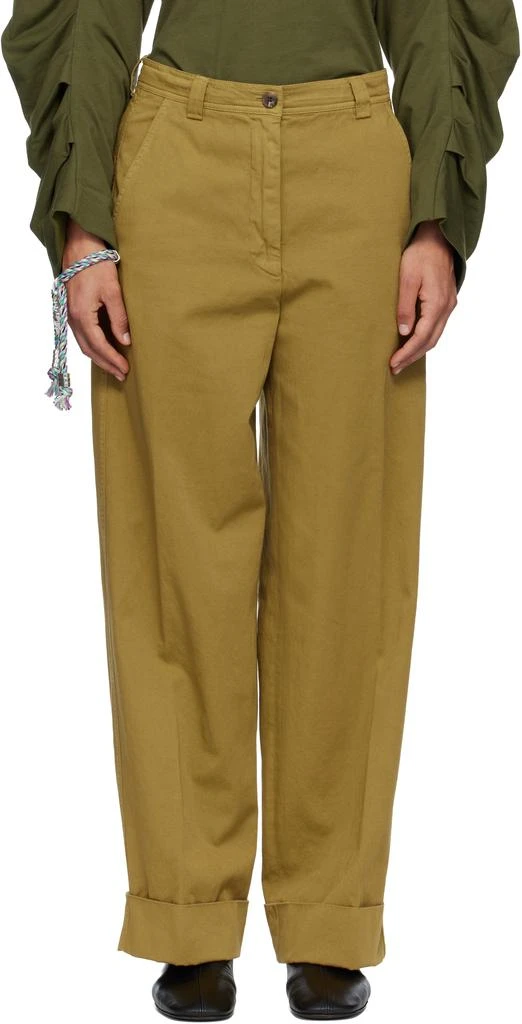 Dries Van Noten Khaki Cuffed Cotton Trousers 1