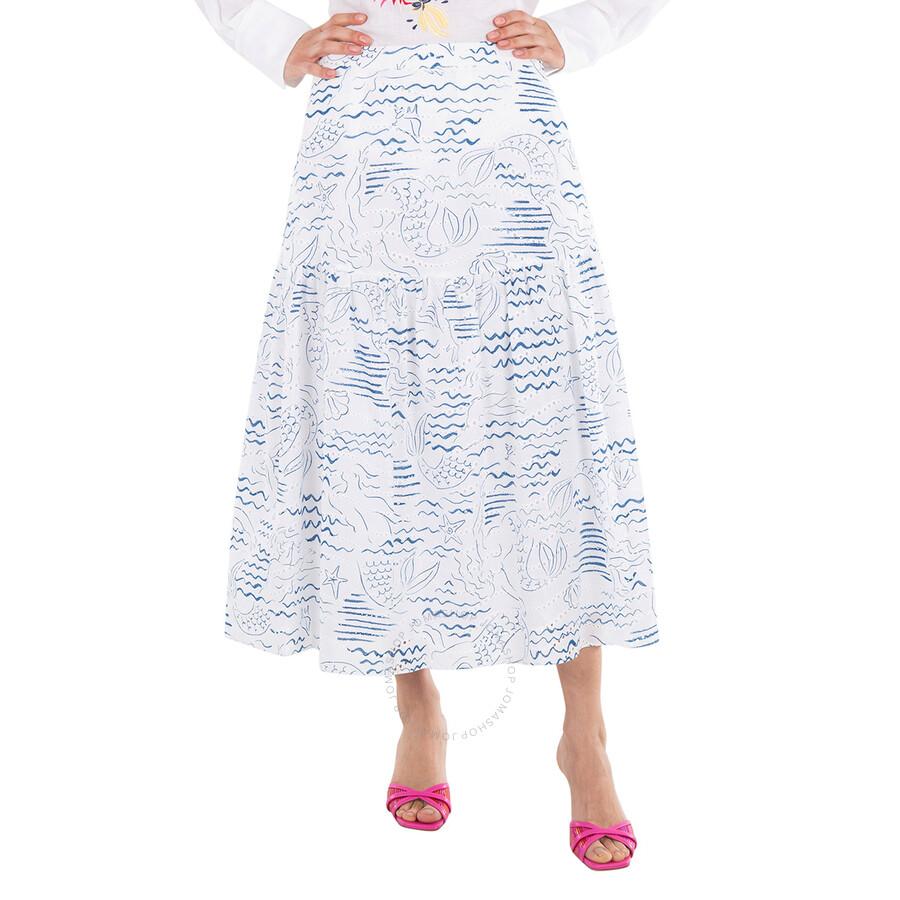 Kenzo Dark Blue Wave Mermaid Print A-Line Skirt