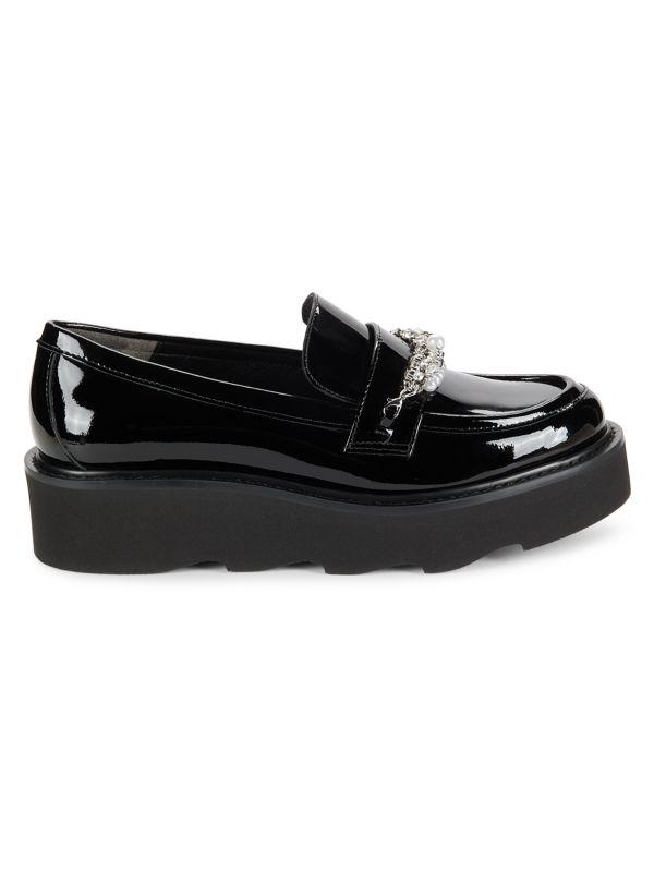 Stuart Weitzman Pearldrop Embellished Patent Leather Platform Loafers