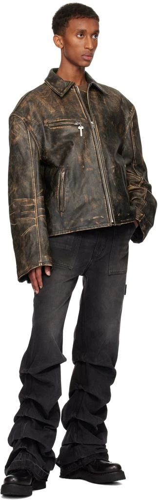We11done Brown Vintage Effect Leather Biker Jacket 4