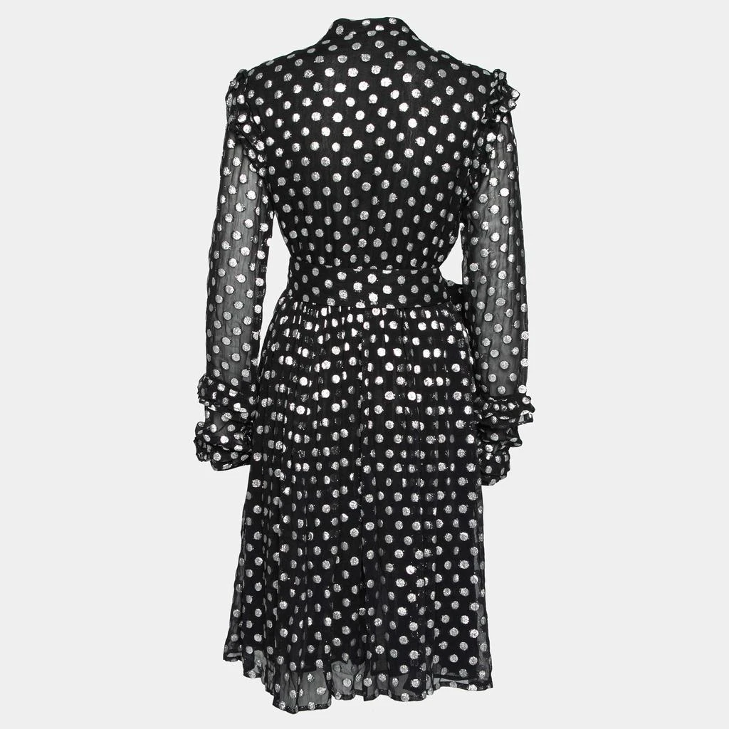 Dodo Baror Dodo Baror Black & Silver Polka Dotted Chiffon Ruffle Trimmed Belted Dress M 2