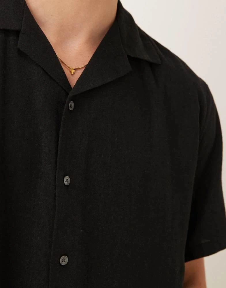 Abercrombie & Fitch Abercrombie & Fitch textured linen collar detail short sleeve shirt in black 4