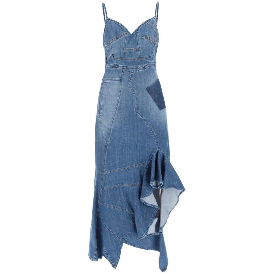 Loewe Ladies Blue Denim Asymmetric Denim Ruffle Dress