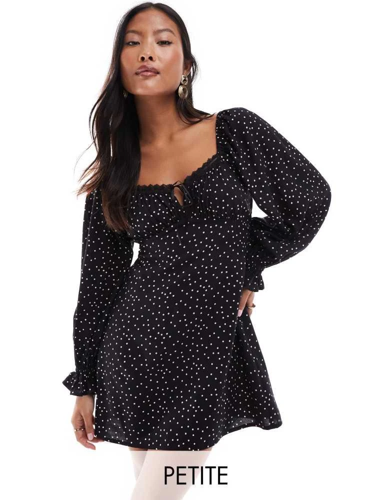 Miss Selfridge Miss Selfridge Petite ribbon detail tie front mini tea dress in polka dot 1