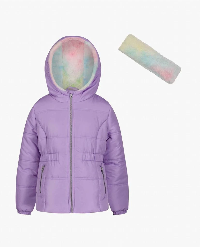 London Fog Big Girls Zip-Front Hooded Mid Cinch Puffer Jacket In Lilac