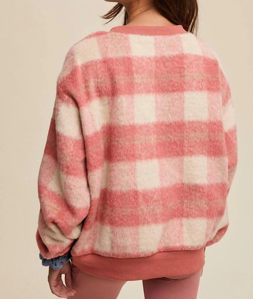 Listicle Fuzzy Plaid Sweater In Pink 3