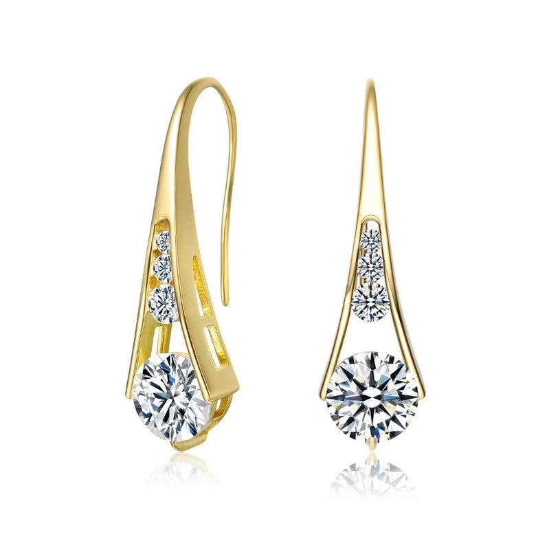Genevive Sterling Silver 14K Gold Plated with Clear Heart Shaped Cubic Zirconia Hook Earrings