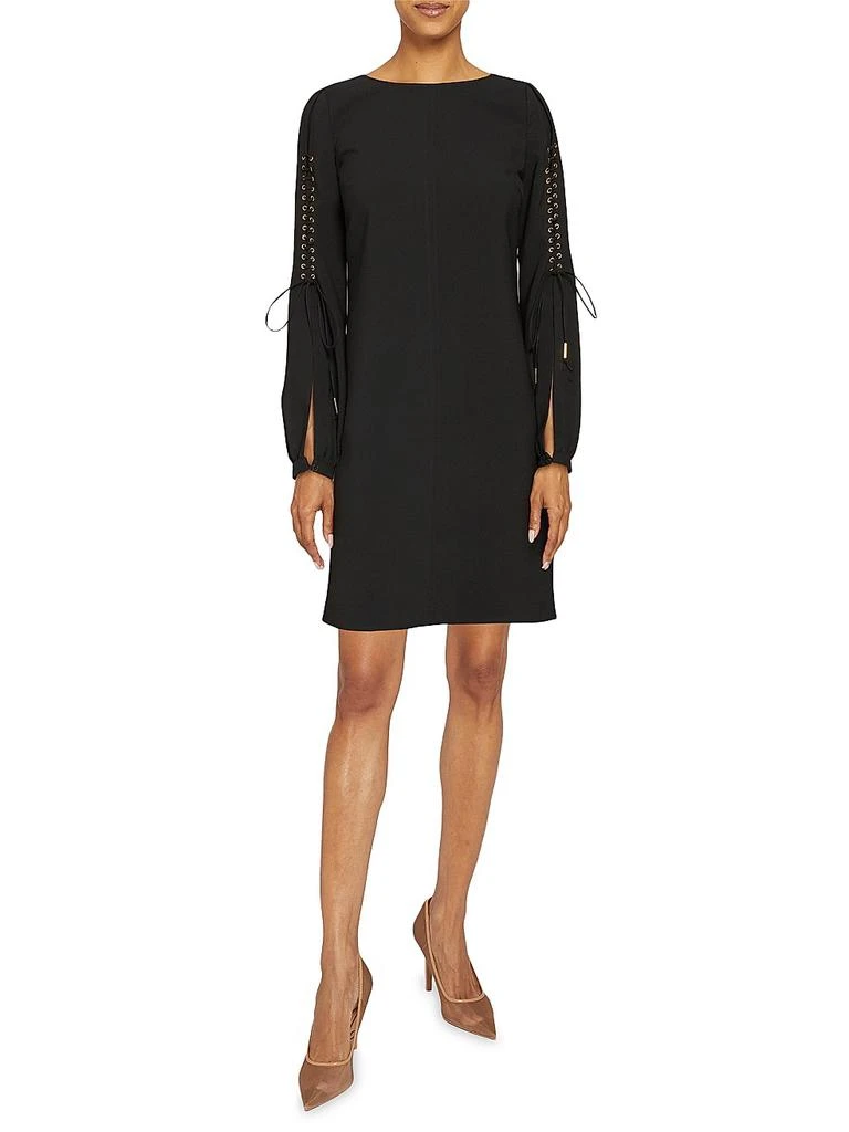 Santorelli Lattice-Sleeve Crepe Shift Dress 2