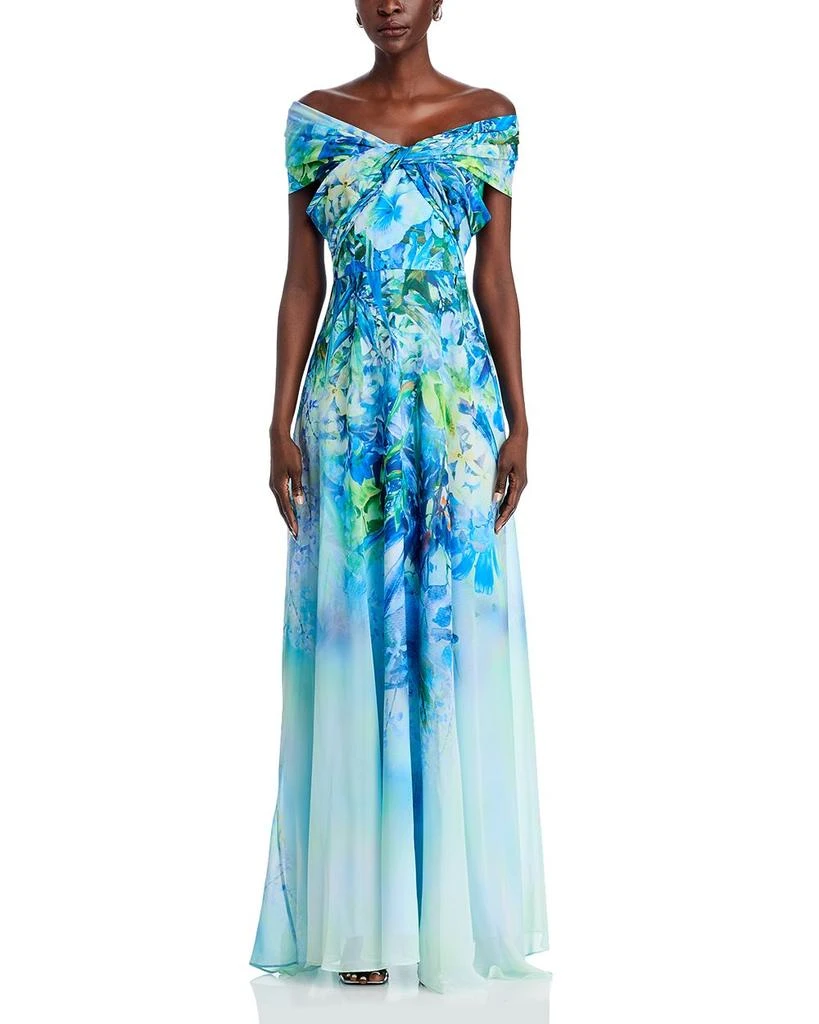 Teri Jon Chiffon Criss Cross Off-the-Shoulder Leaf Print Gown 7