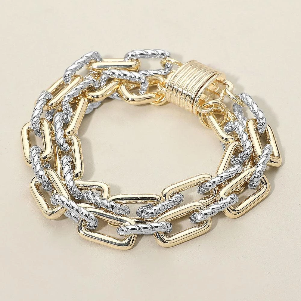 FASHNZFAB 14K Gold Plated Two Tone Layered Chunky Chain Magnetic Bracelet