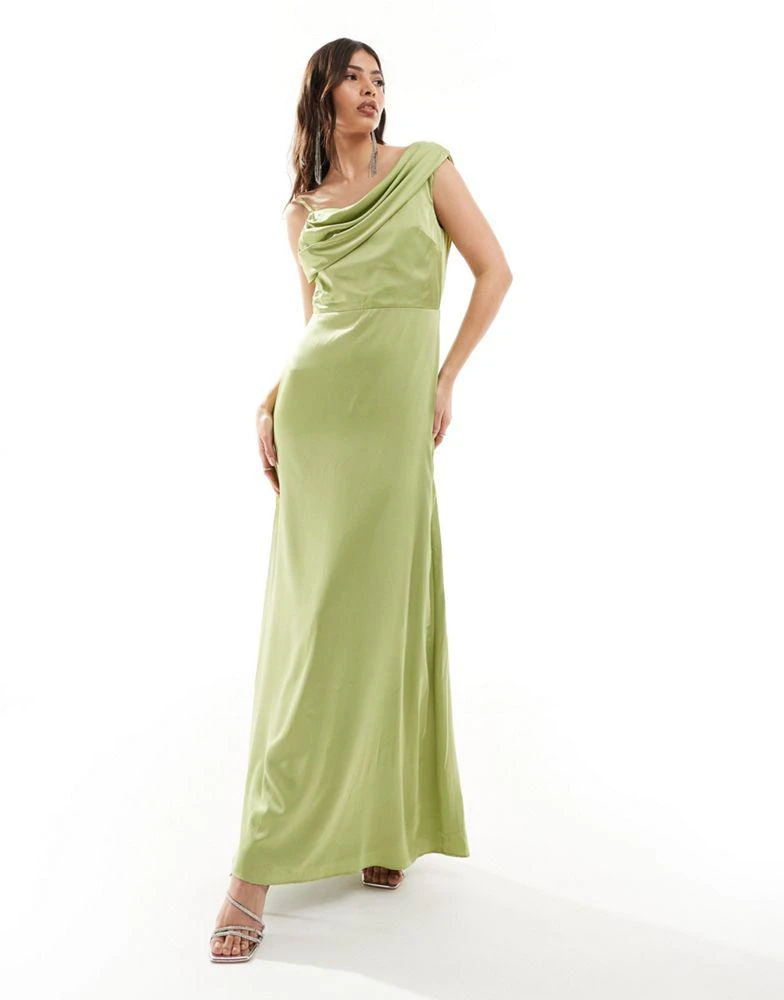 TFNC TFNC Bridesmaid satin one shoulder drape maxi dress in olive 2