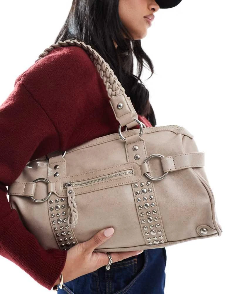Bershka Bershka city bag with stud detail in beige 1