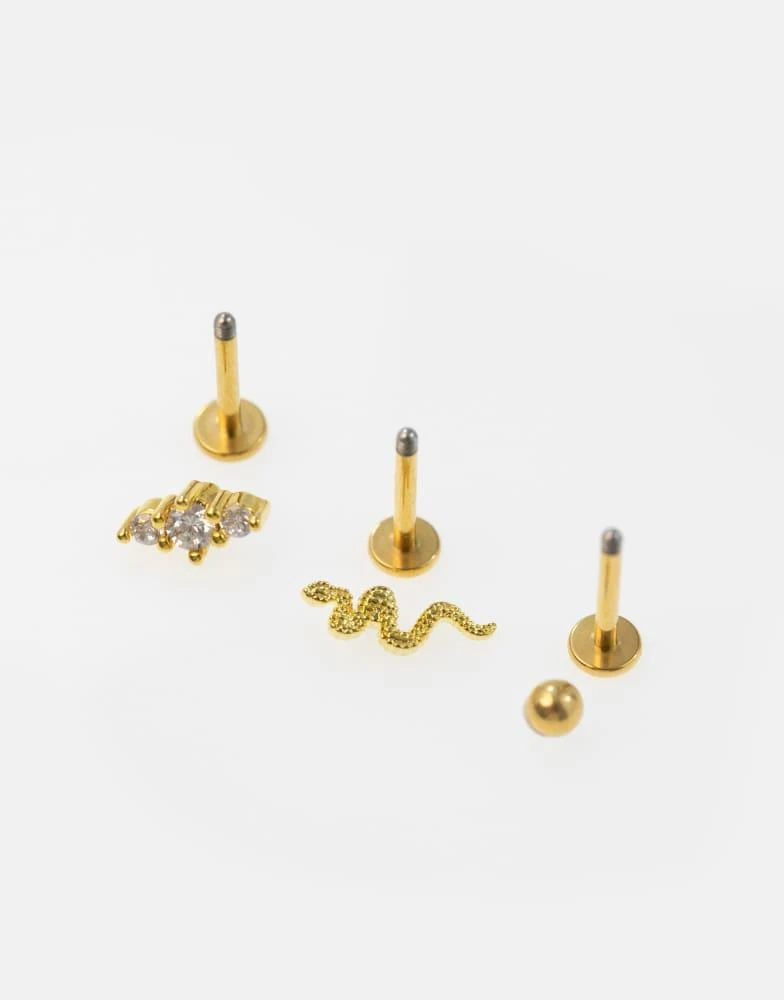 Lovisa Lovisa Gold titanium textured snake flat back earrings pack in gold 2