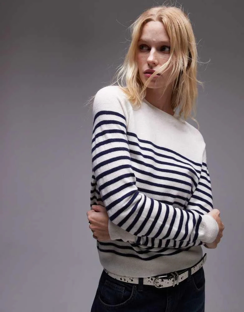 Mango Mango fine knit wool stripe jumper in navy and white 1