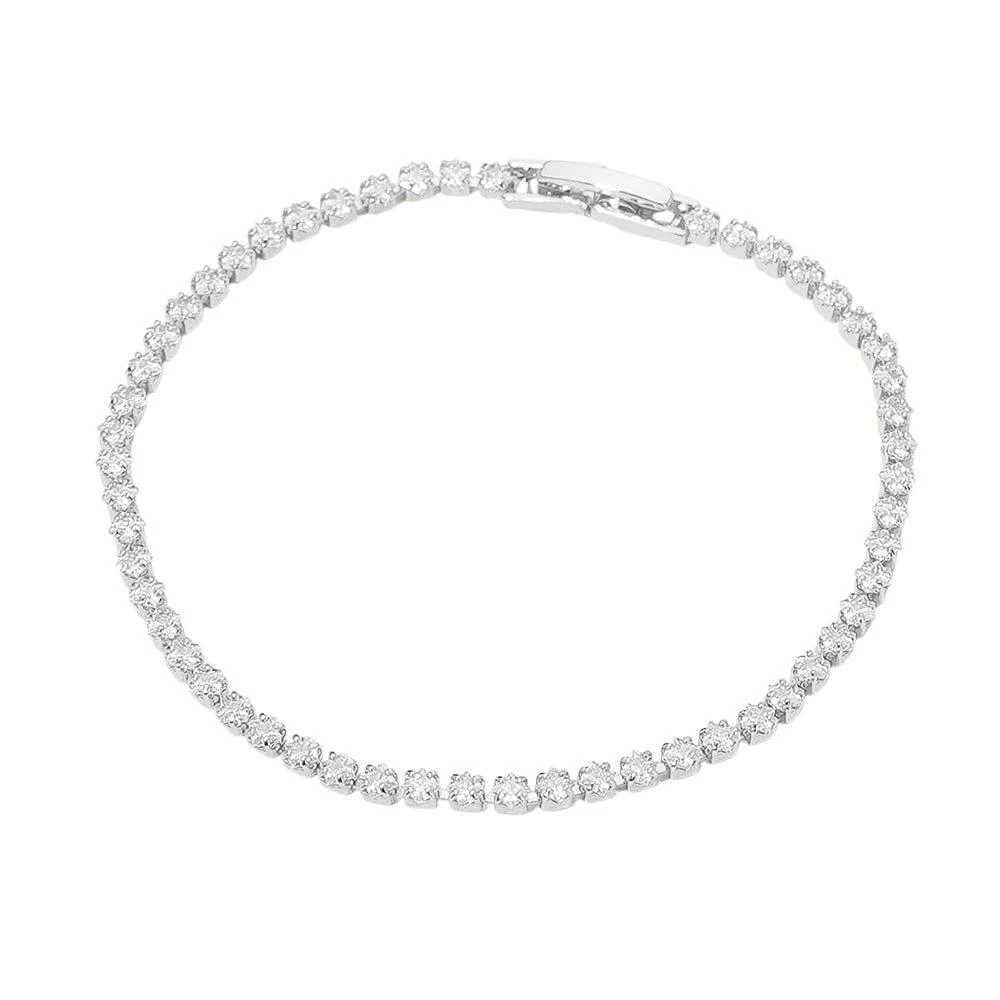 FASHNZFAB White Gold Dipped Tennis Chain Bracelet - Clear, Silver 2