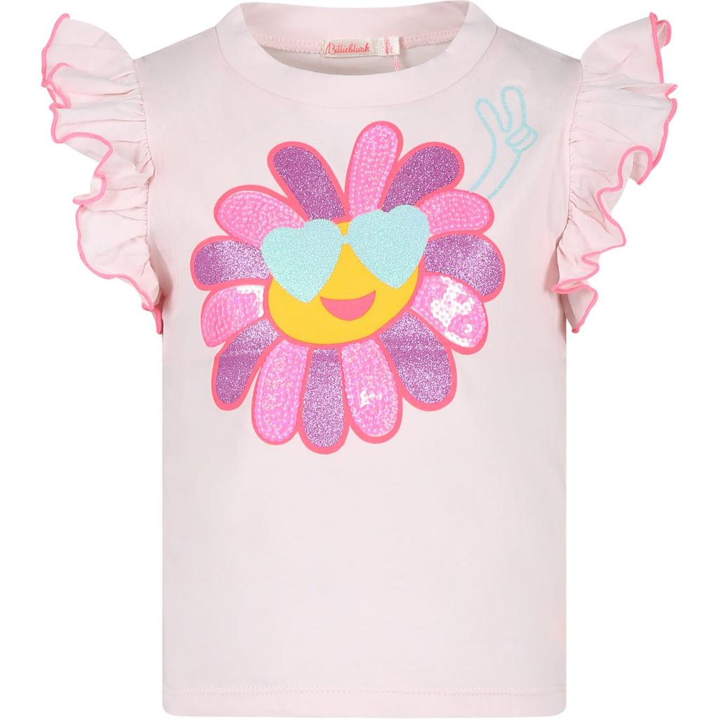 Billieblush Pink T-shirt For Girl Wikth Flower And Sequins