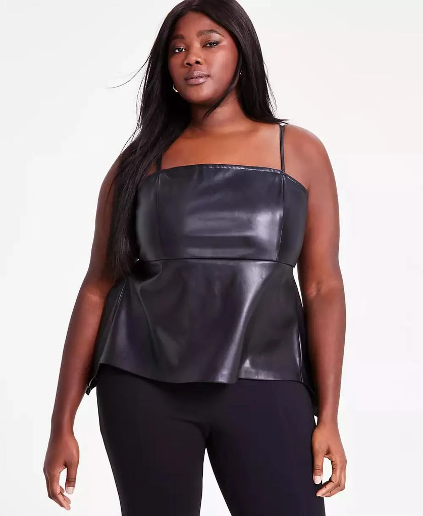 Bar III Trendy Plus Size Faux-Leather Peplum Top, Exclusively at Macy's 1
