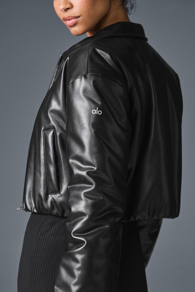 Alo Faux Leather Cropped Premier Bomber - Black - Jackets - Free
