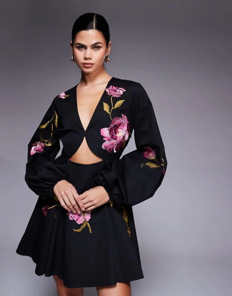 asos floral black dress ASOS Women's Floral Embroidery Balloon Sleeve Ruffle Hem Mini Dress  Letay  Store