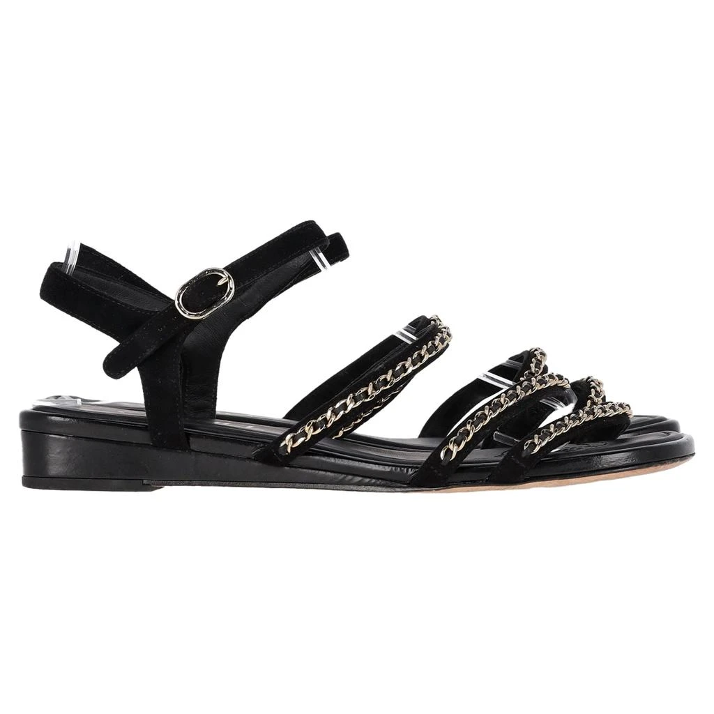 Chanel Interlocking CC Logo Chain Strap Flat Sandals in Black Suede 1