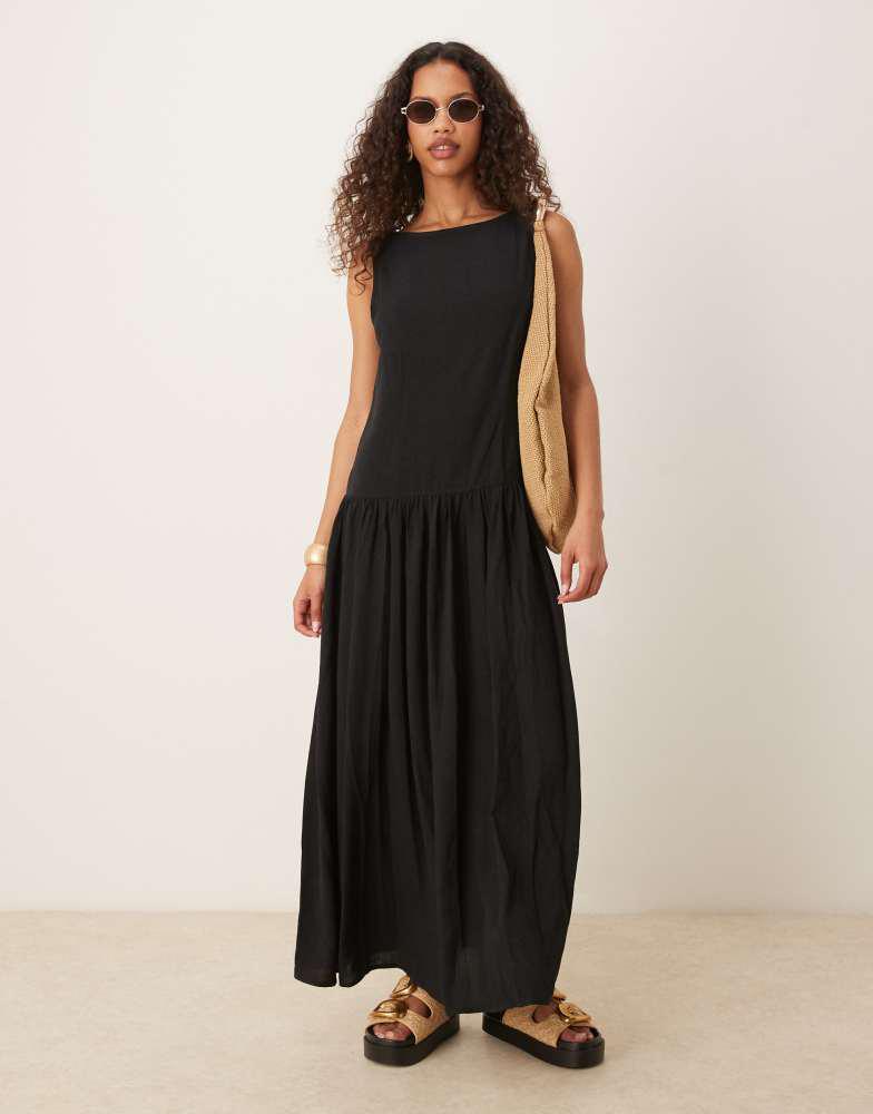 ASOS ASOS DESIGN linen blend low back drop waist maxi dress in black