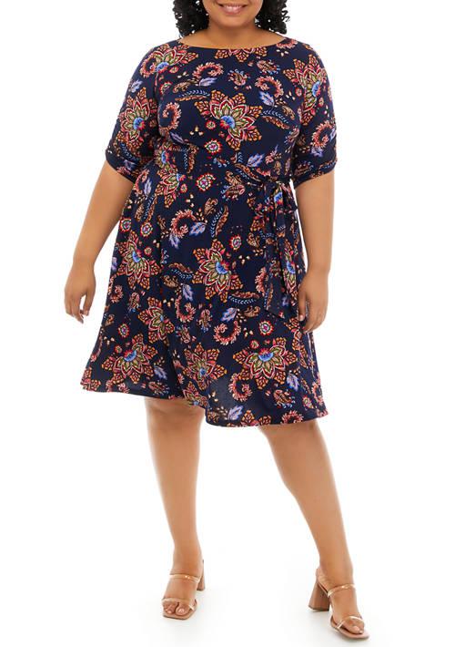 Jessica Howard Howard Plus Size Elbow Sleeve Printed Tie Waist Dress