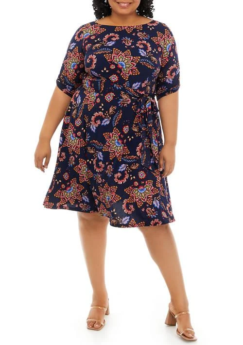 Jessica Howard Howard Plus Size Elbow Sleeve Printed Tie Waist Dress 1